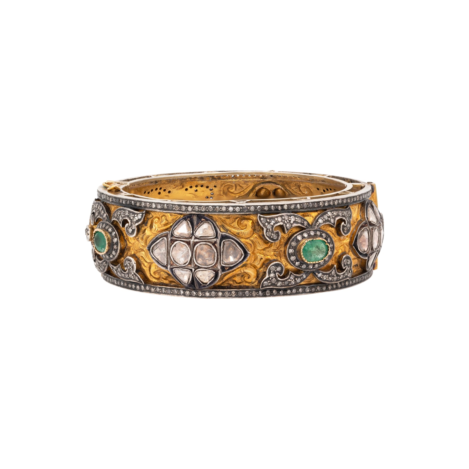 Antique Gold Engraved Bangle with Emeralds and Polkis